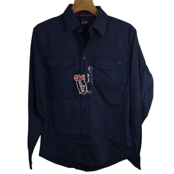Justin Boots Men Open Button-Up Shirt Long Sleeve Oyster Diamond Blue Size S NWT - Picture 1 of 16